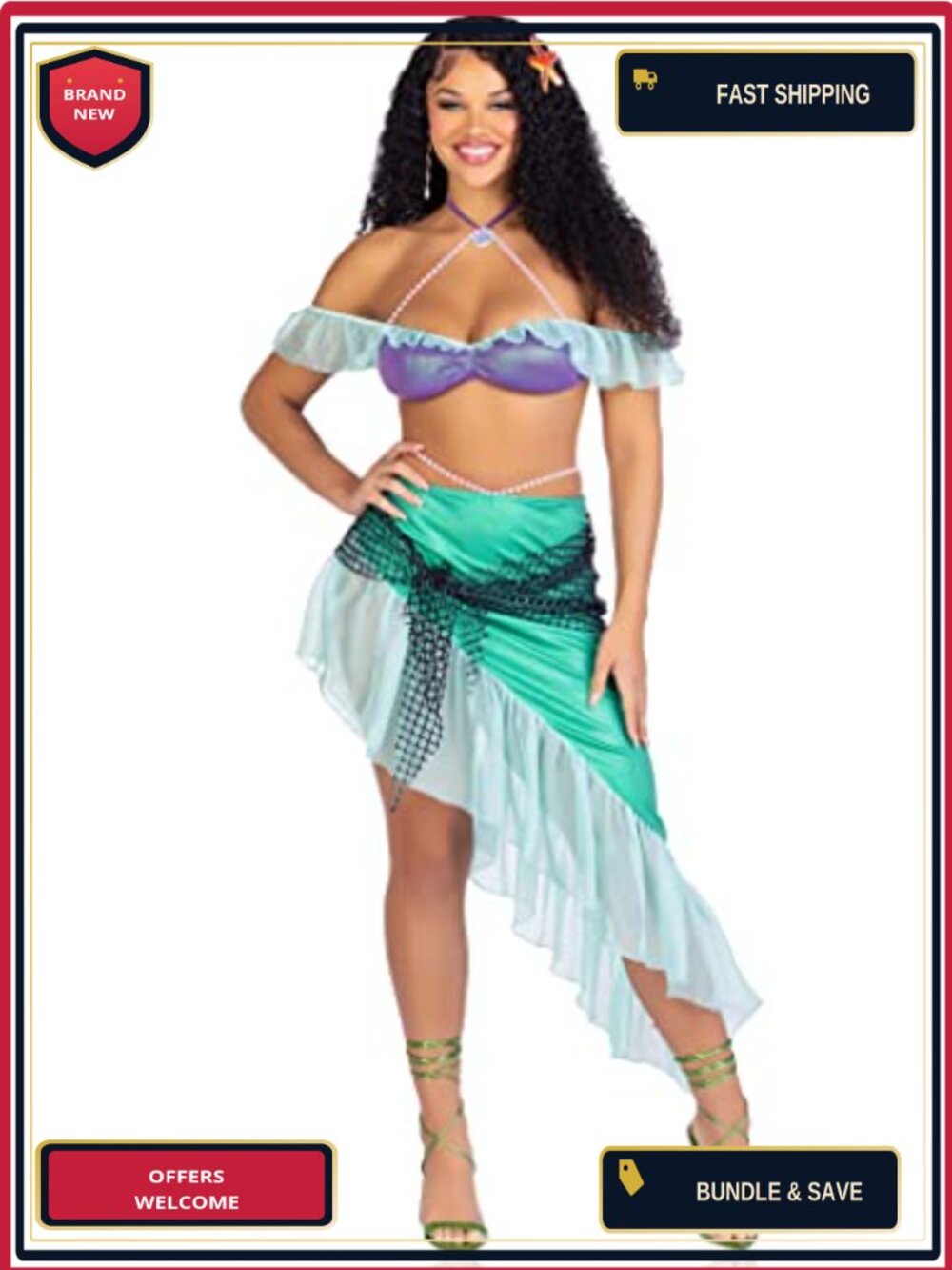 3 PC Mermaid Costume Pearl Halter Top Asymmetrical Skirt Sea Star Hair Clip